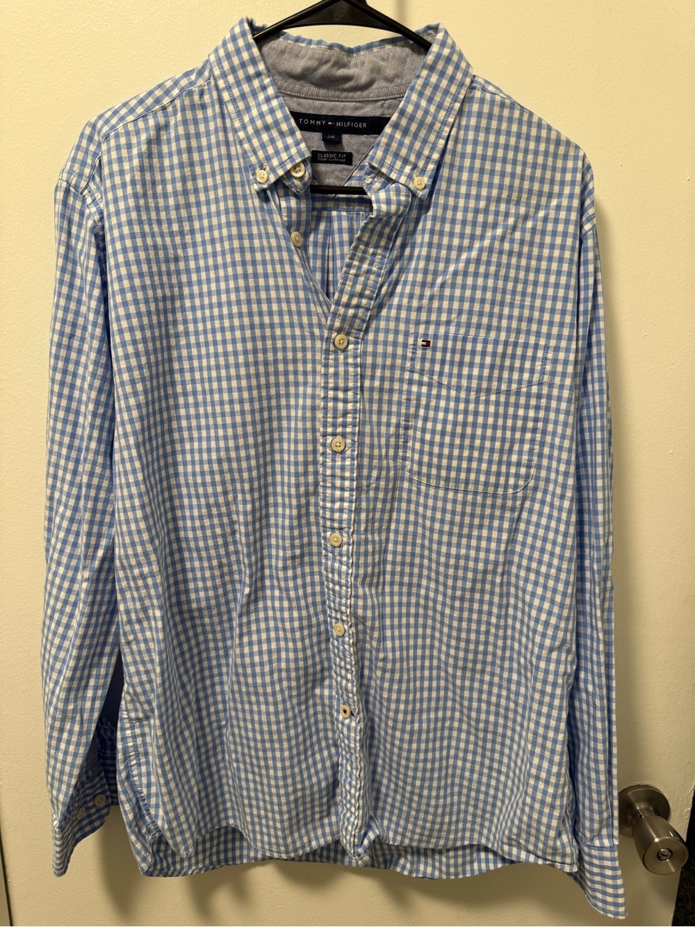 Tommy Hilfiger Men’s Large Blue White Gingham Check Classic Fit Button Down